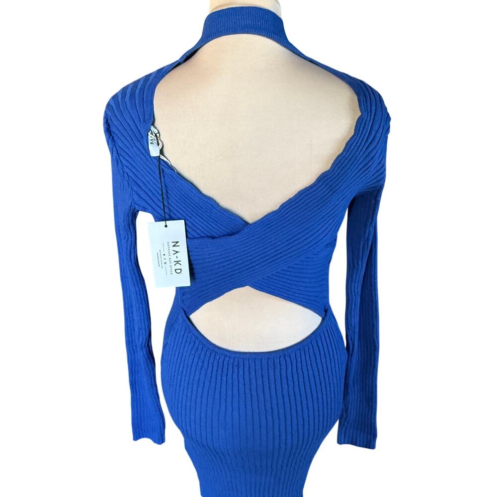 NWT NA-KD Blue Ribbed Knit Bodycon Mini Dress, Open Criss-Cross Back Size S